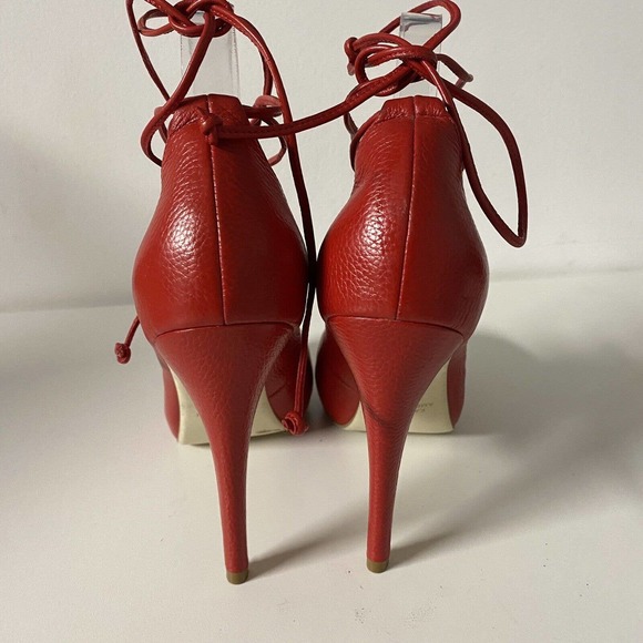 KATHRYN AMBERLEIGH Red Pump Leather 4.5" Heel Almond Toe Platform Lace U… - Picture 6 of 9